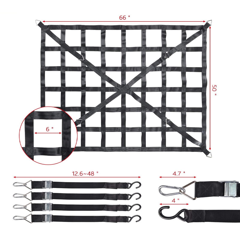 66" x 50" Cargo Net Pickup Truck Bed Cargo Net with Cam Buckles & S-Hooks for Trailer SUV Roof Rack
