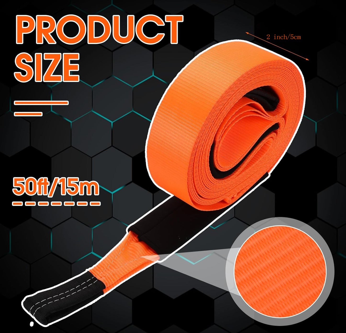 2" x 50 ft Recovery Tow Strap 20, 000 lbs Road Straps with Reinforced Loops and Protective Sleeves