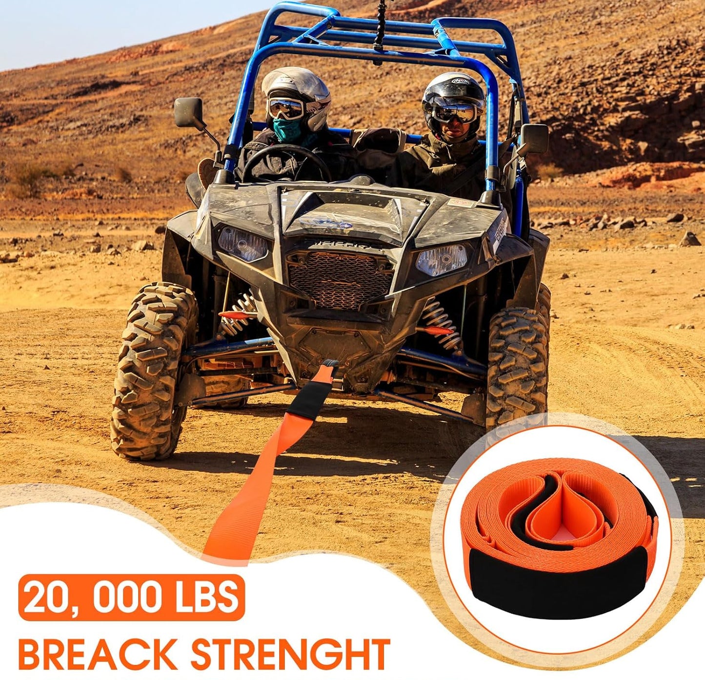 2" x 50 ft Recovery Tow Strap 20, 000 lbs Road Straps with Reinforced Loops and Protective Sleeves