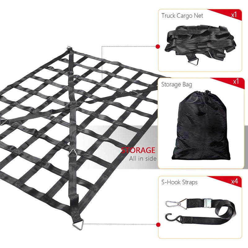 66" x 50" Cargo Net Pickup Truck Bed Cargo Net with Cam Buckles & S-Hooks for Trailer SUV Roof Rack