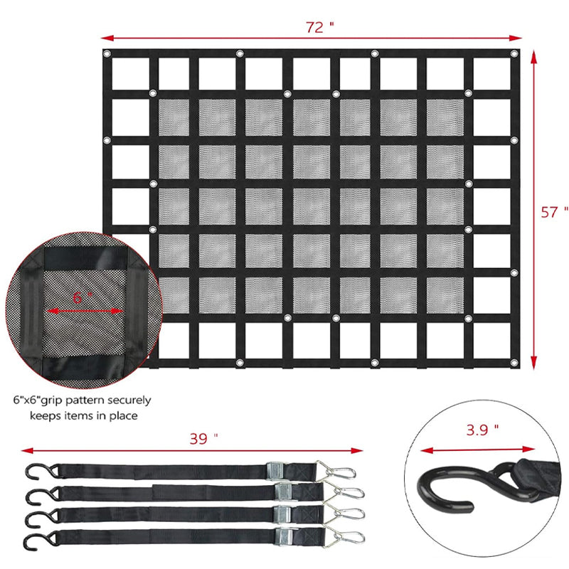 72" x 57" Cargo Net 1100 lbs Capacity Truck Bed Cargo Net with Adjustable Cam Buckles & S-Hooks