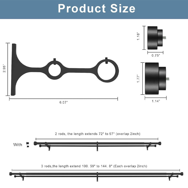 72” to 144” Double Curtain Rods 1 Inch Telescoping Rod Curtain Rod with Round Finials
