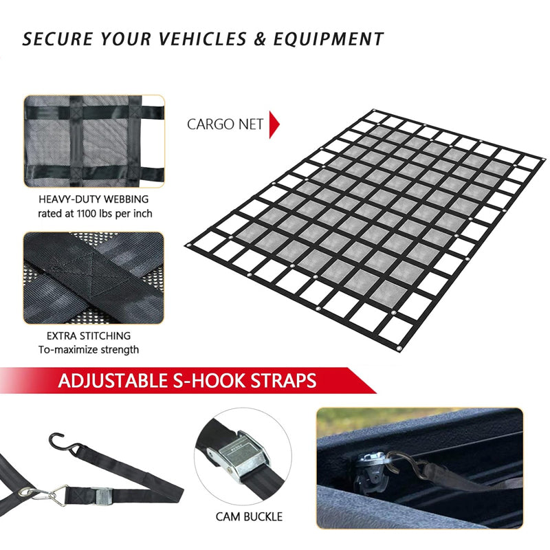 72" x 57" Cargo Net 1100 lbs Capacity Truck Bed Cargo Net with Adjustable Cam Buckles & S-Hooks