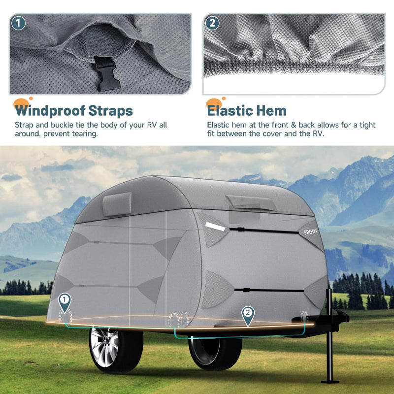 12'-15' Teardrop Trailer Cover 7 Layers Camper Cover Waterproof Travel Trailer Cover with Windproof Strap