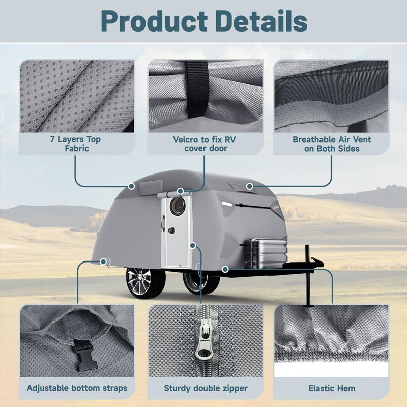 12'-15' Teardrop Trailer Cover 7 Layers Camper Cover Waterproof Travel Trailer Cover with Windproof Strap