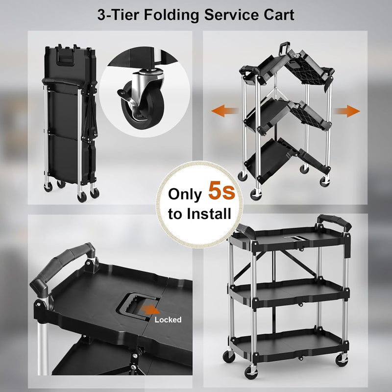3 Tier Foldable Service Carts 220 LBS Folding Utility Rolling Tool Cart with Wheels for Home Commercial Garage Office
