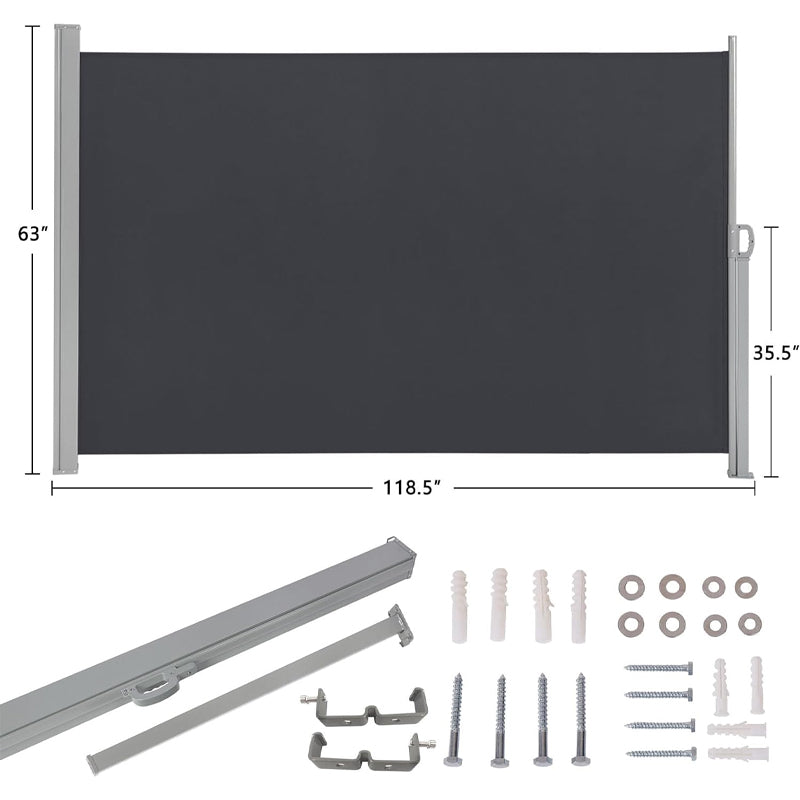 118" × 63" Retractable Side Awning Waterproof UV-Resistant Aluminum Patio Side Awning Screen Fence