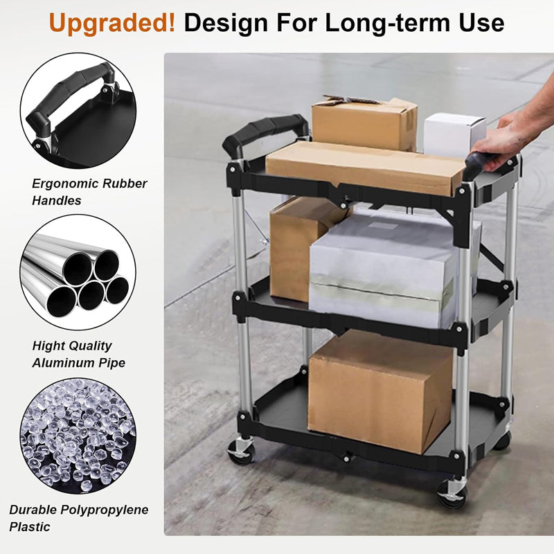 3 Tier Foldable Service Carts 220 LBS Folding Utility Rolling Tool Cart with Wheels for Home Commercial Garage Office