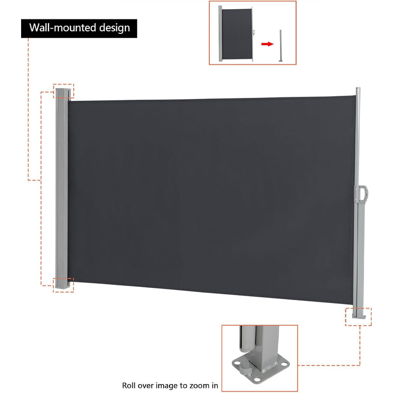118" × 63" Retractable Side Awning Waterproof UV-Resistant Aluminum Patio Side Awning Screen Fence