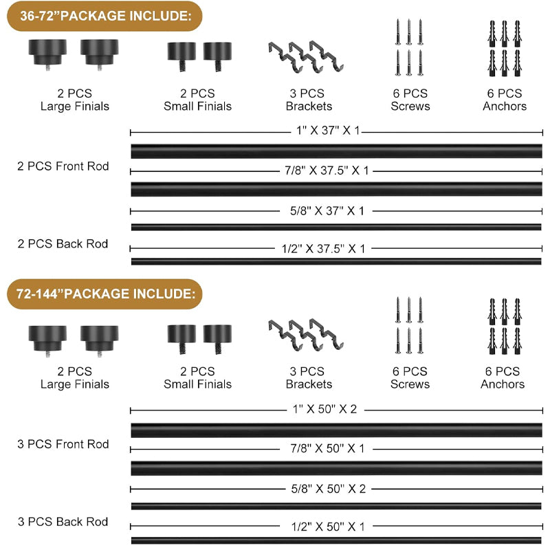 1 Inch Double Curtain Rods for Windows 36 to 72 Inch Matte Black Double Drapery Rod Set