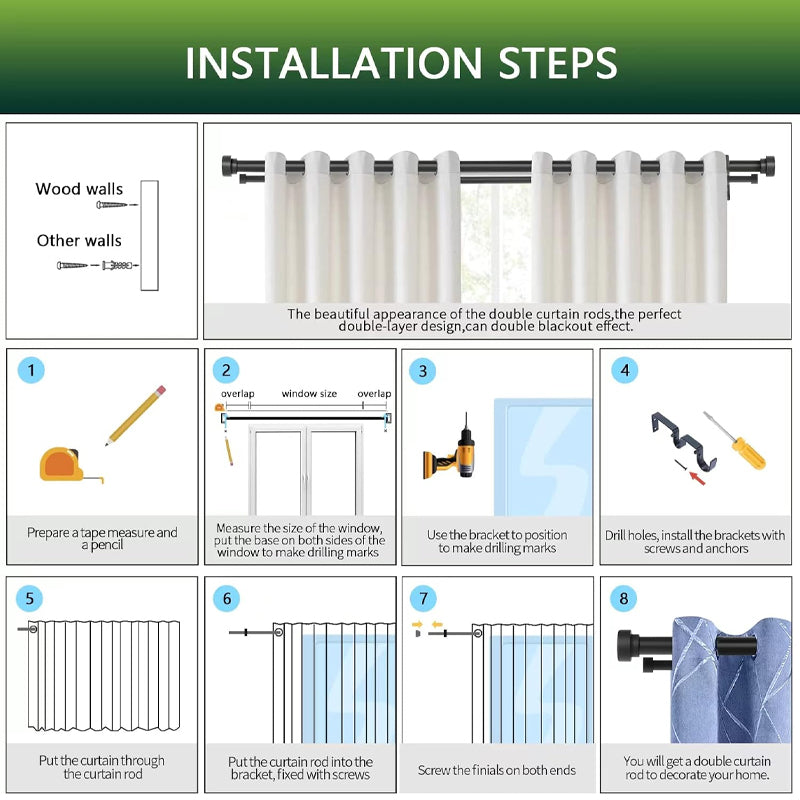 1 Inch Double Curtain Rods for Windows 36 to 72 Inch Matte Black Double Drapery Rod Set