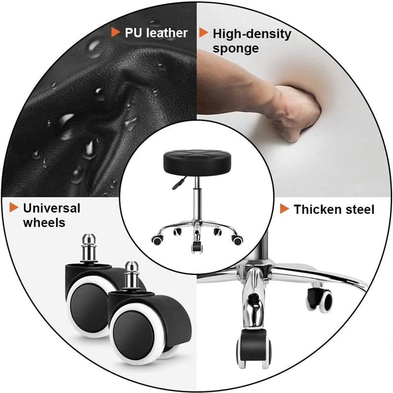 Rolling Stool Chair 300 LBS Weight Capacity PU Leather Stool with Wheels Adjustable Height Stool