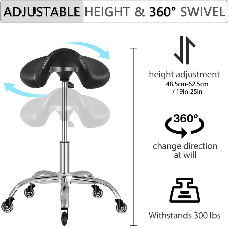 Saddle Stool 300 lbs Weight Capacity Height Adjustable 360 Swivel Rolling Stool with Wheels