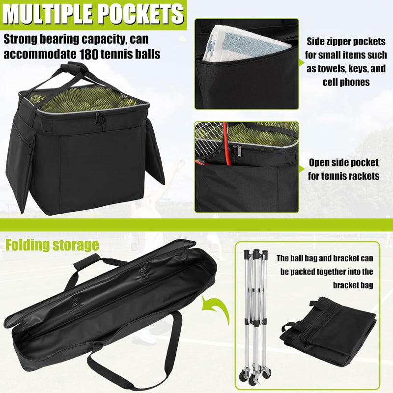 Foldable Tennis Cart Holds 180 Tennis Balls Auminum Alloy Sports Teaching Cart with Storage Bag