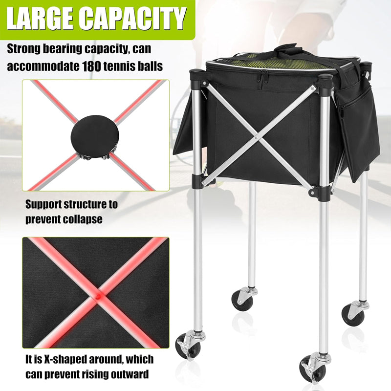 Foldable Tennis Cart Holds 180 Tennis Balls Auminum Alloy Sports Teaching Cart with Storage Bag
