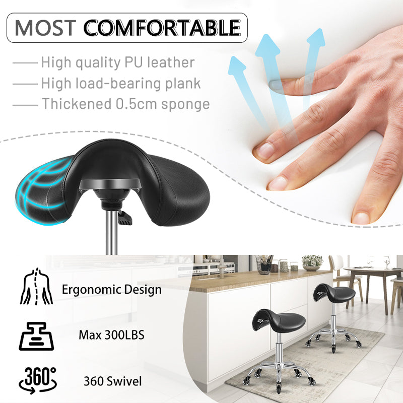 Saddle Stool 300 lbs Weight Capacity Height Adjustable 360 Swivel Rolling Stool with Wheels