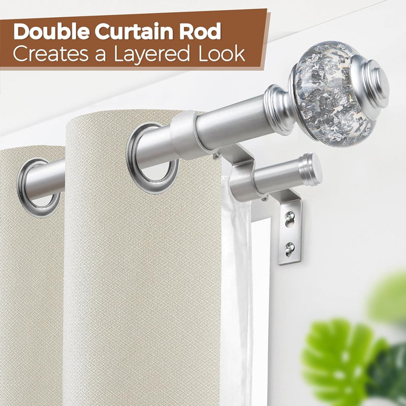 36 to 72 Inch Double Curtain Rods with Silver Translucent Finials 1 Inch Double Window Drapery Rod