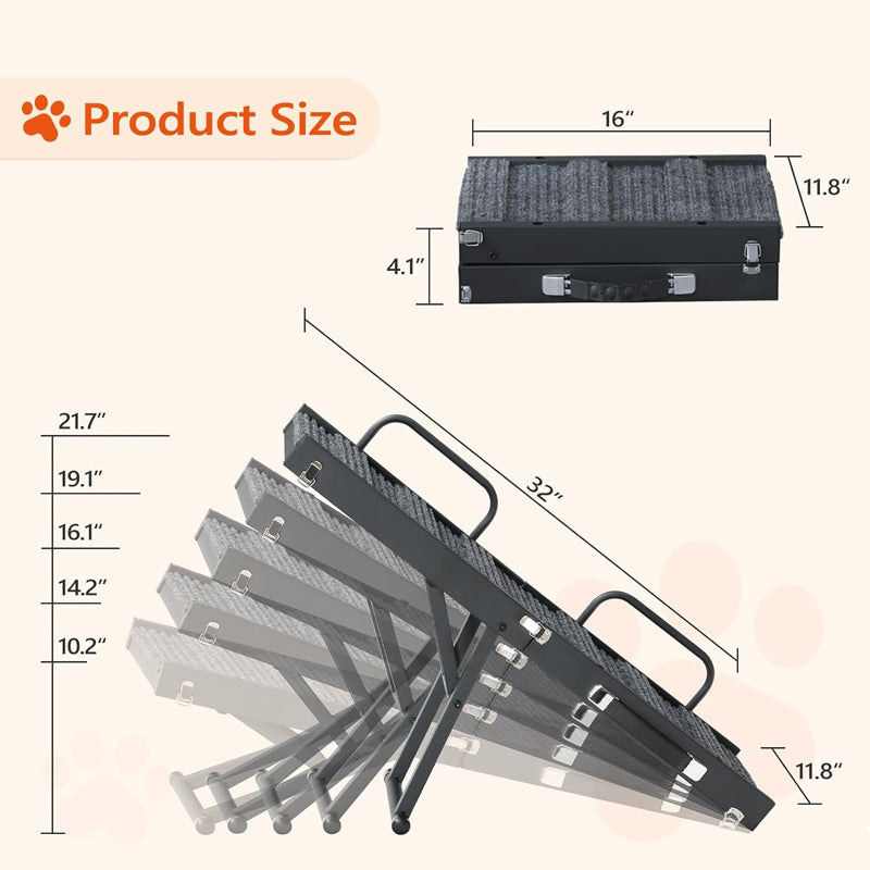 Dog Ramp 32" Long Folding Pet Ramp 5 Adjustable Height from 10.2" to 21.7" for Couch Bed or Car
