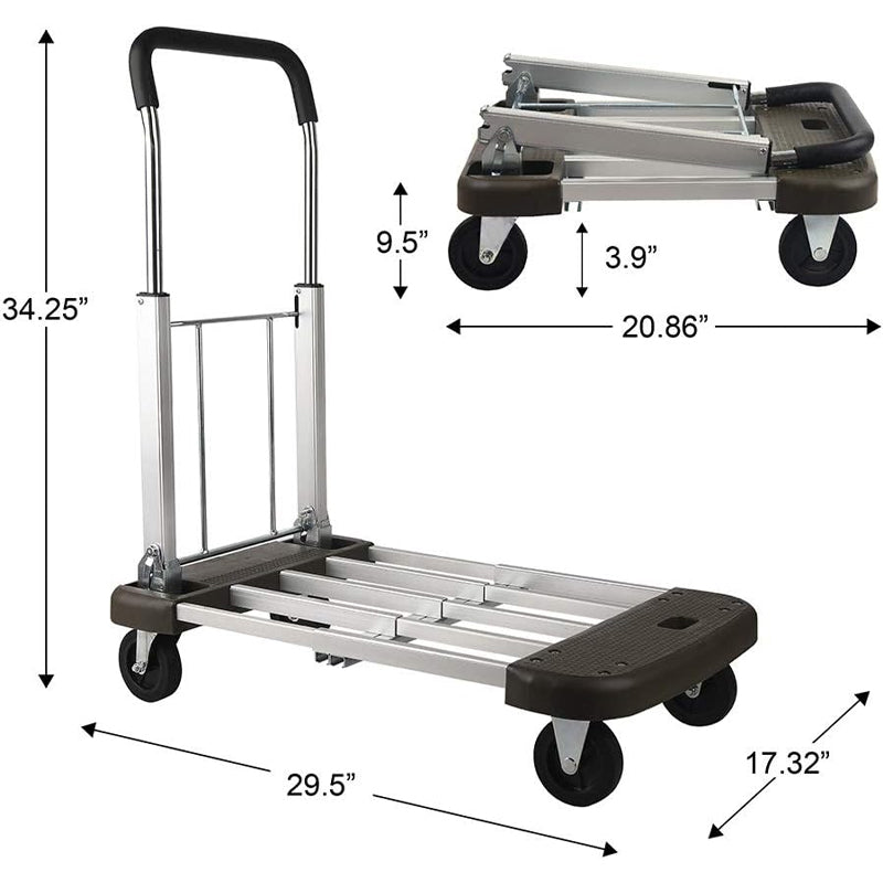 330 lbs Capacity Folding Hand Cart Aluminum Platform Cart Foldable Push Cart with Polyurethane Mute Wheel