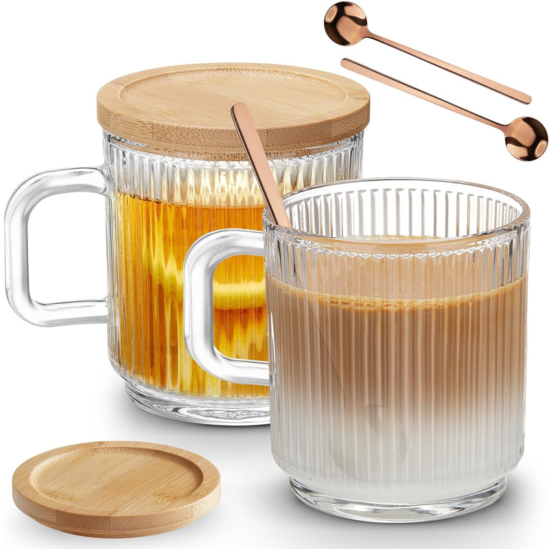 Glass Coffee Mugs with Handle and Spoon 350ml Coffee Glass with Bamboo Lid for Hot/Cold Beverages