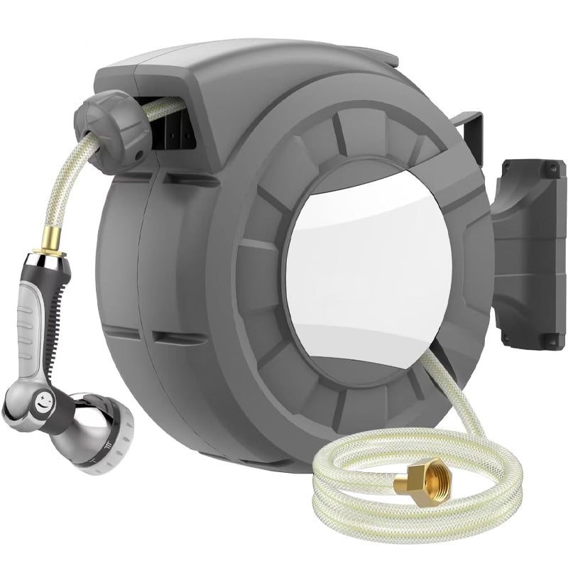 100' x 1/2" Retractable Garden Hose Reel with 10-Pattern Nozzle 180° Swivel Wall-Mounted Hose Reel
