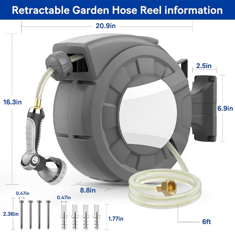 100' x 1/2" Retractable Garden Hose Reel with 10-Pattern Nozzle 180° Swivel Wall-Mounted Hose Reel