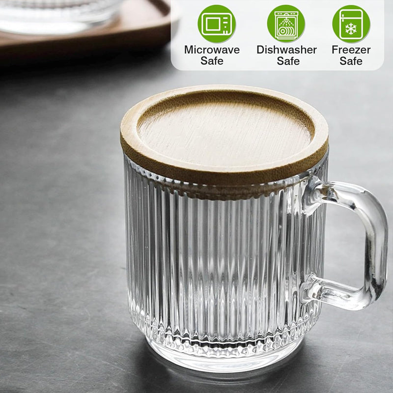 Glass Coffee Mugs with Handle and Spoon 350ml Coffee Glass with Bamboo Lid for Hot/Cold Beverages