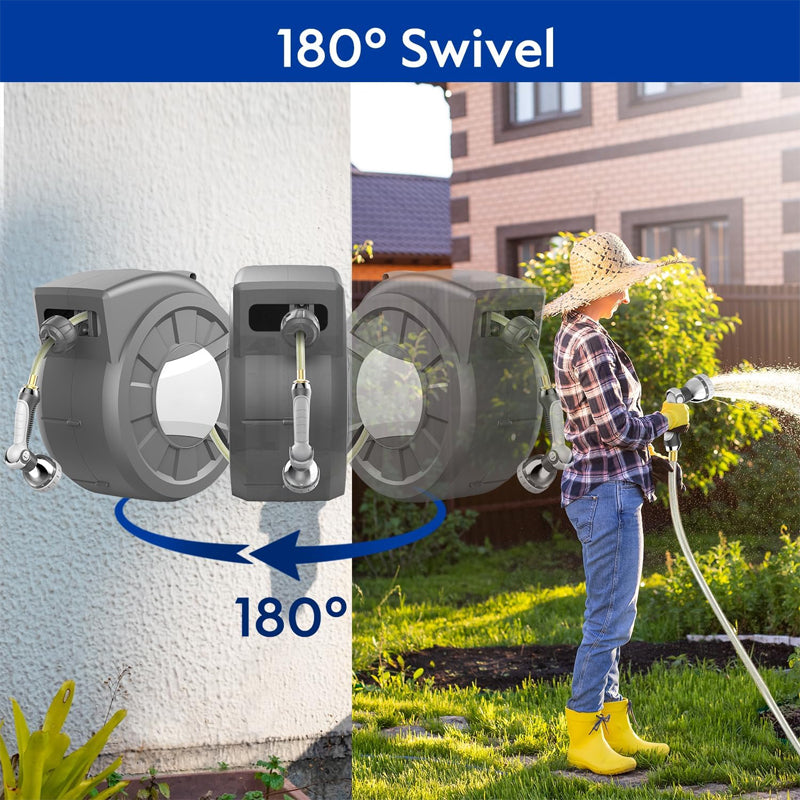 100' x 1/2" Retractable Garden Hose Reel with 10-Pattern Nozzle 180° Swivel Wall-Mounted Hose Reel