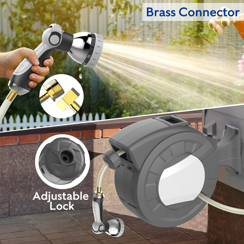 100' x 1/2" Retractable Garden Hose Reel with 10-Pattern Nozzle 180° Swivel Wall-Mounted Hose Reel