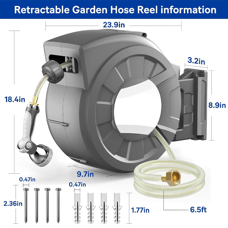 125' x 1/2" Retractable Hose Reel Wall Mounted Hose Reel 180°Swivel Bracket Garden Hose Reel