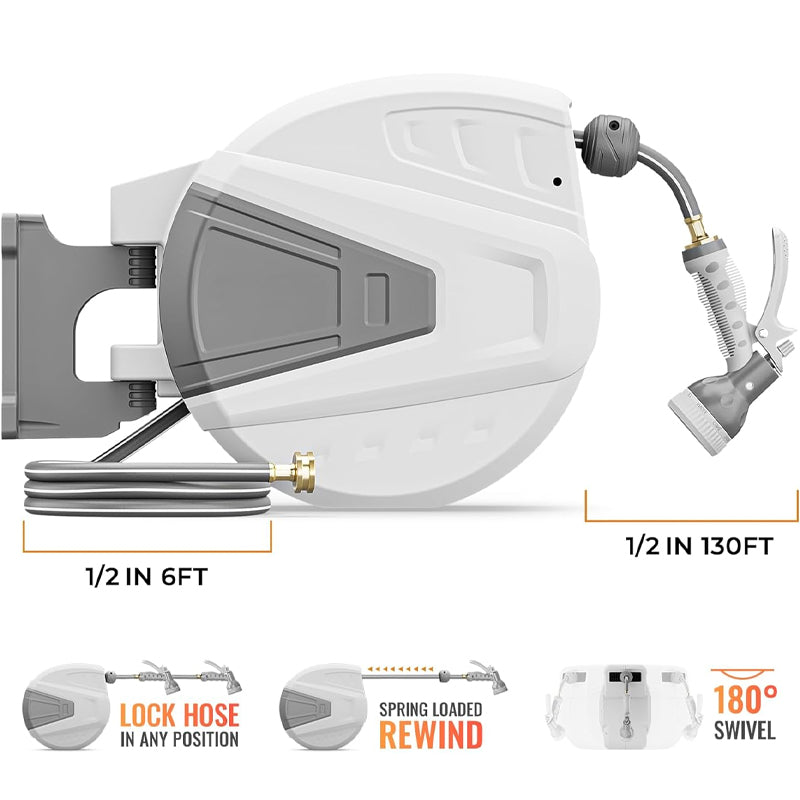 130' x 1/2" Hose Reel Retractable Garden Water Hose Reel with 9- Function Sprayer Nozzle