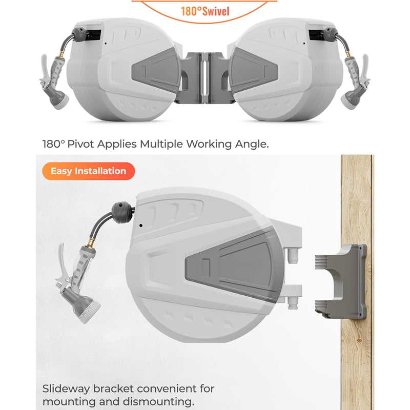 130' x 1/2" Hose Reel Retractable Garden Water Hose Reel with 9- Function Sprayer Nozzle
