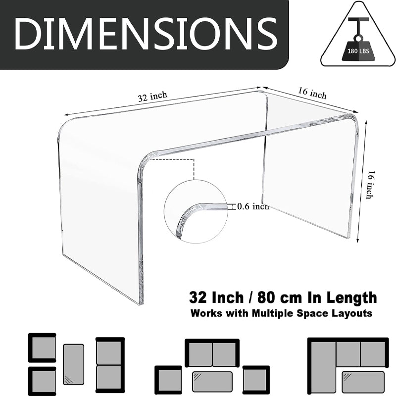 Acrylic Coffee Table Clear Acrylic End Table 32" x 16" x 16" x 3/5'' Thick Table for Living Room