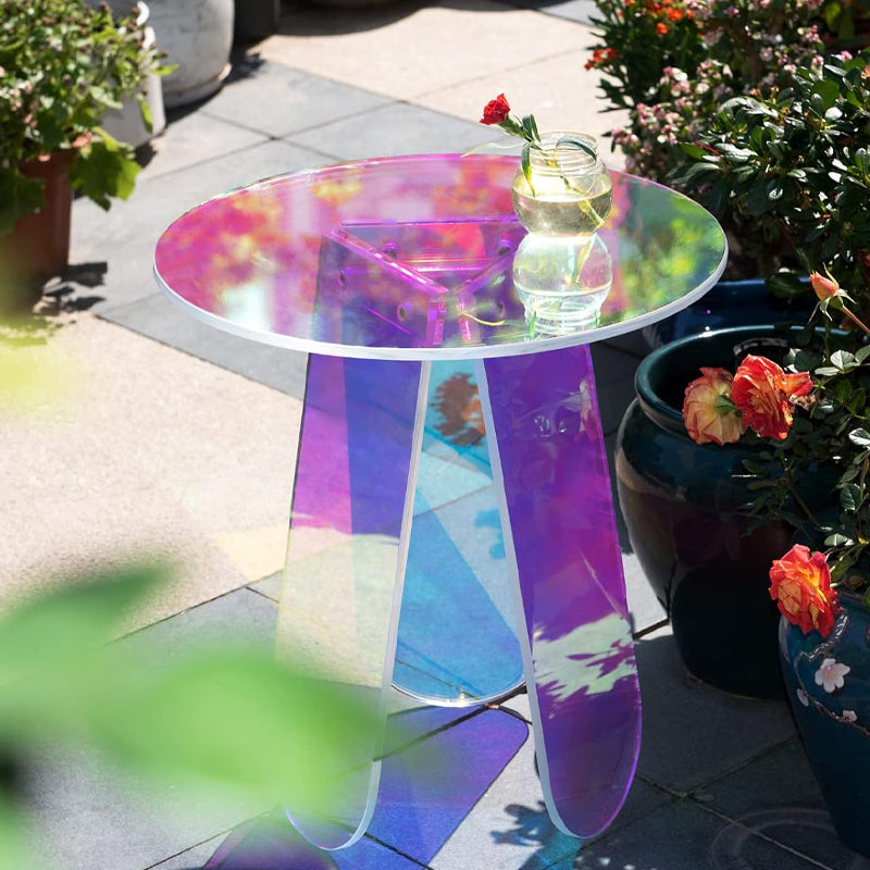 Round Side Table Iridescent Acrylic Coffee Table Modern Accent Table Colorful Table for Bed Room Living Room