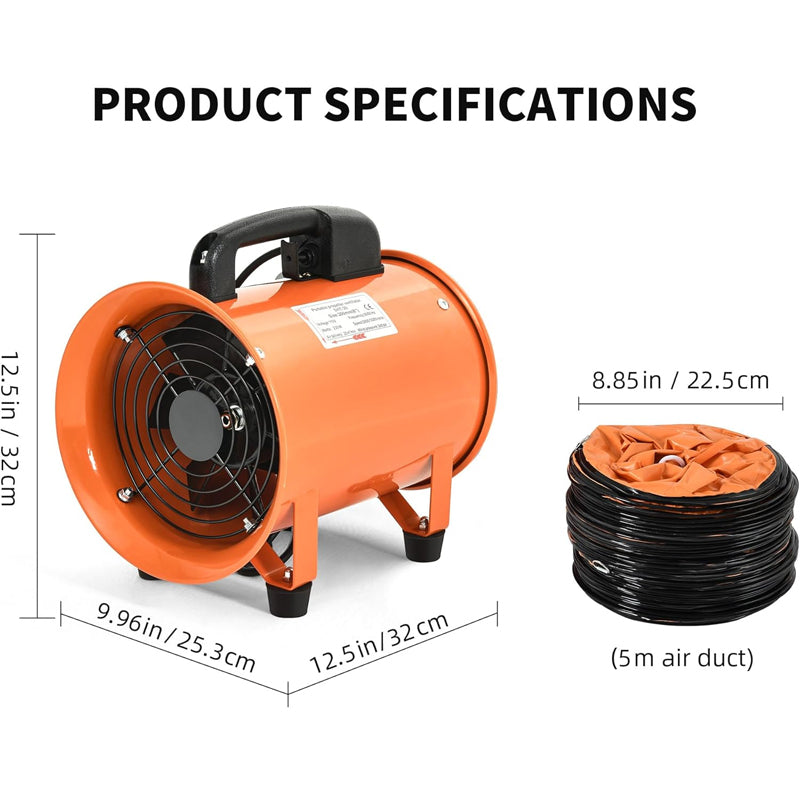 8 Inch Portable Ventilator Industrial Exhaust Fan with 16FT Ventilator Duct Hose Utility Blower