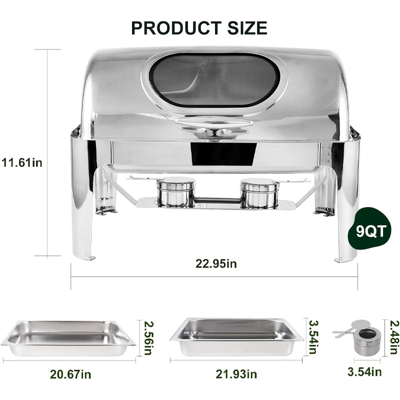 9QT Stainless Steel Roll Top Chafing Dish Buffet Set with Visible Window Chafers and Buffet Warmer