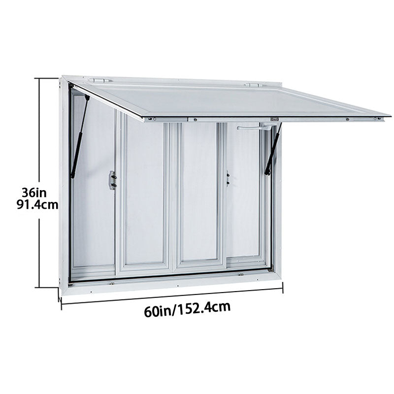 Aluminum Food Truck Service Window With 4 Horizontal Sliding Screen Windows & Awning Door & Tow Hook, Service Window For Food Truck Franchise Trailer