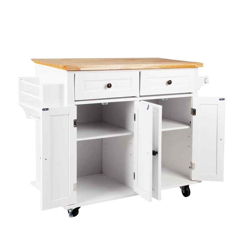Movable Kitchen Island Cart With Solid Wood Countertops, With Storage Cabinets, Rolling Kitchen Table With Spice Rack, Towel Rack And Drawers