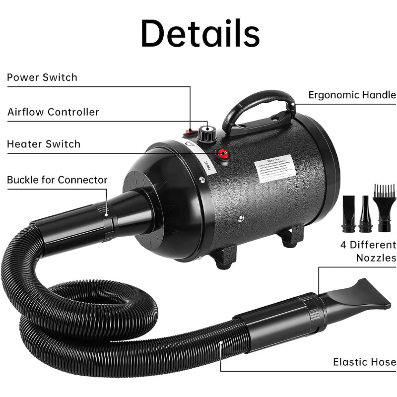 4.3HP/3200W Dog Dryer Stepless Adjustable Speed Dog Blow Dryer with 4 Nozzles