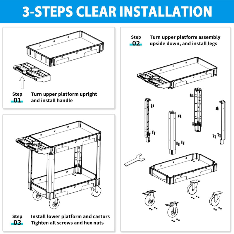 1000 lbs Utility Cart 2 Shelf Heavy Duty Service Cart with 360° Swivel Wheels Utility Service Cart