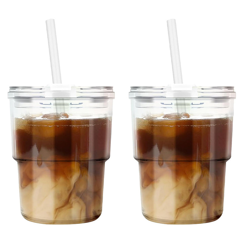 400ml/13oz Coffee Glass with Straw and Lid Sealed Carry-On Glass Coffee Cup Water Glass