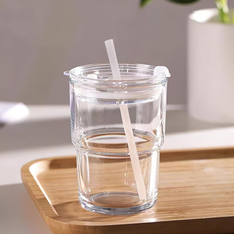 400ml/13oz Coffee Glass with Straw and Lid Sealed Carry-On Glass Coffee Cup Water Glass