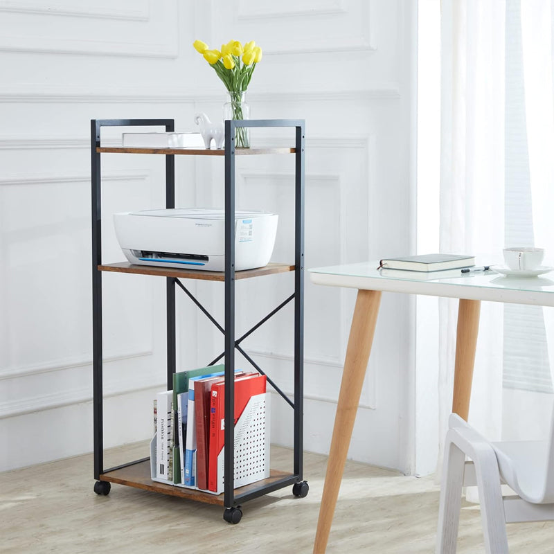 3 Tier Printer Stand with Wheels Height Adjustable Storage Shelf for Home Office Organization