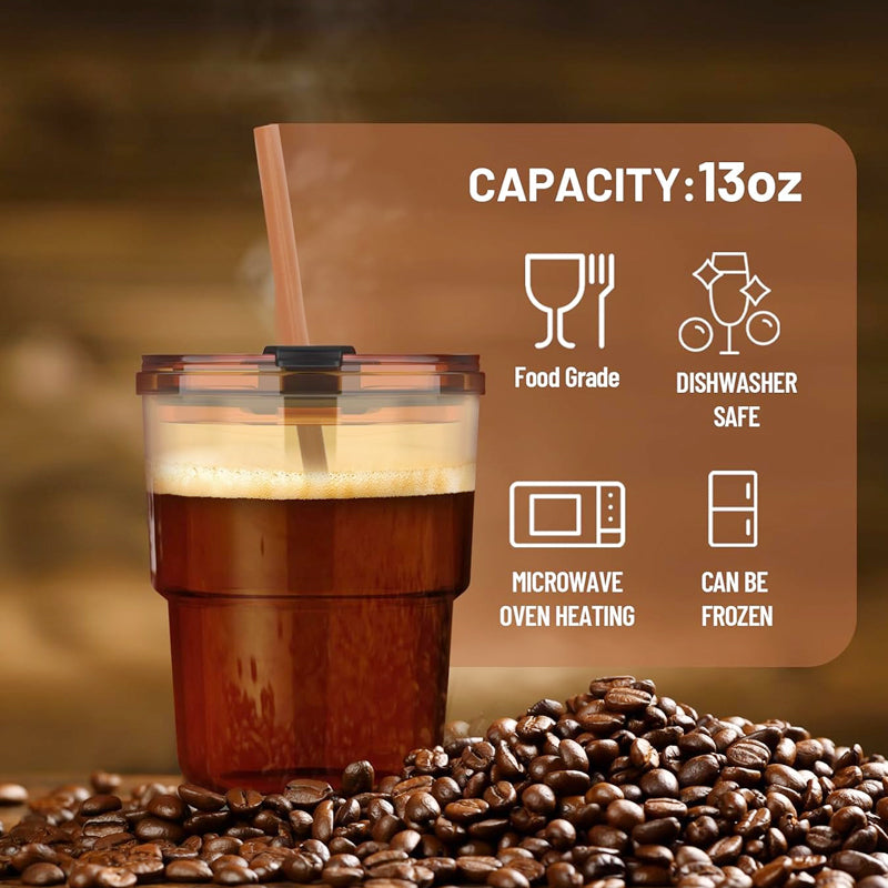 400ml/13oz Coffee Glass with Straw and Lid Sealed Carry-On Glass Coffee Cup Water Glass
