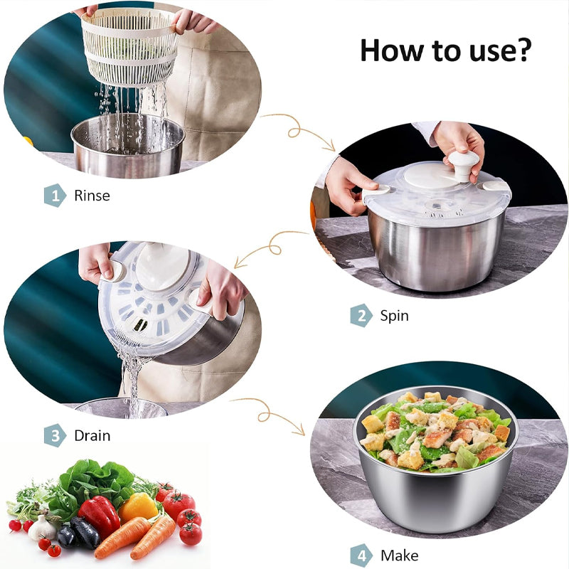 5Qt Stainless Steel Salad Spinner Large Vegetable Dryer with Drain Bowl Colander Spinner