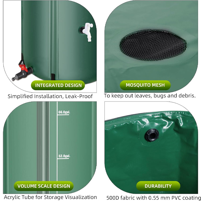 100 Gallon Collapsible Rain Barrel Large Capacity PVC Rainwater Collection System with Filter Spigots Overflow Kit