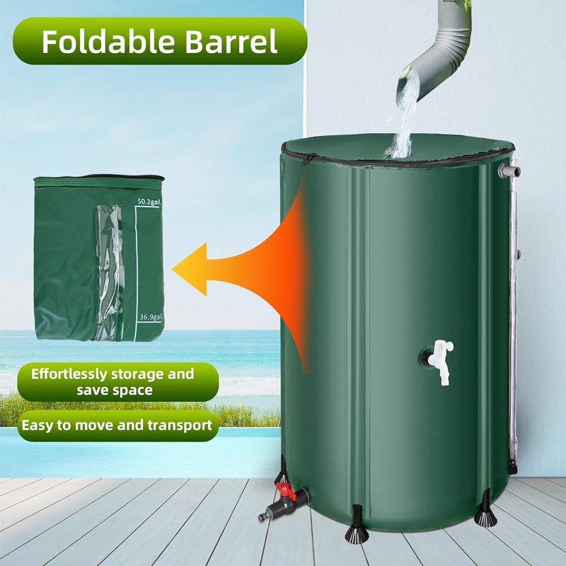 100 Gallon Collapsible Rain Barrel Large Capacity PVC Rainwater Collection System with Filter Spigots Overflow Kit