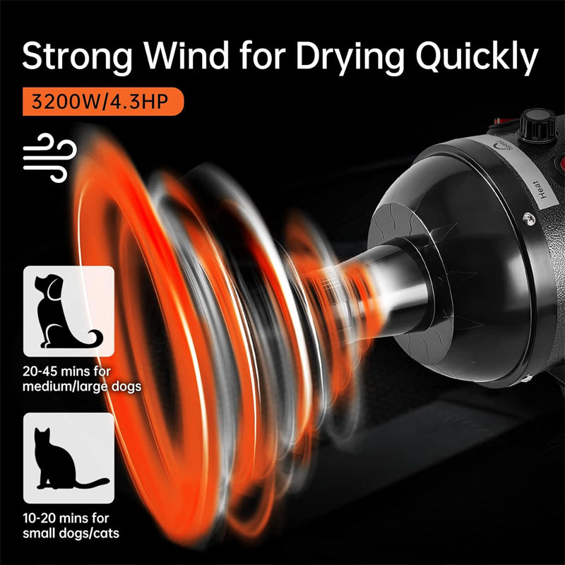 4.3HP/3200W Dog Dryer Stepless Adjustable Speed Dog Blow Dryer with 4 Nozzles