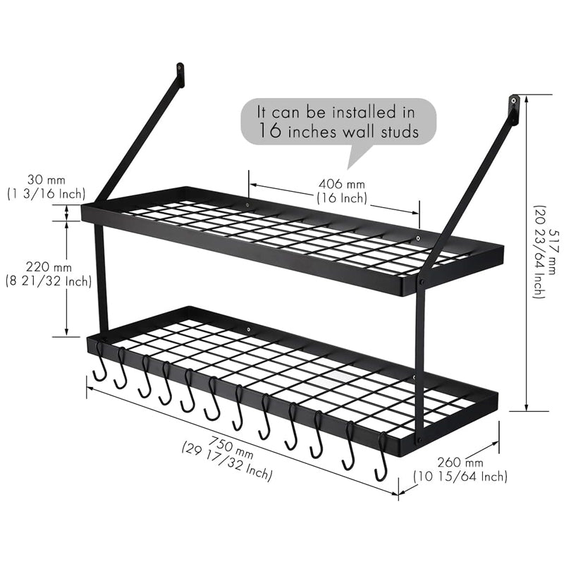 30-Inch Pot Rack Wall Mounted Hanging Rack Pot Organizer Black with 12 S-Hooks