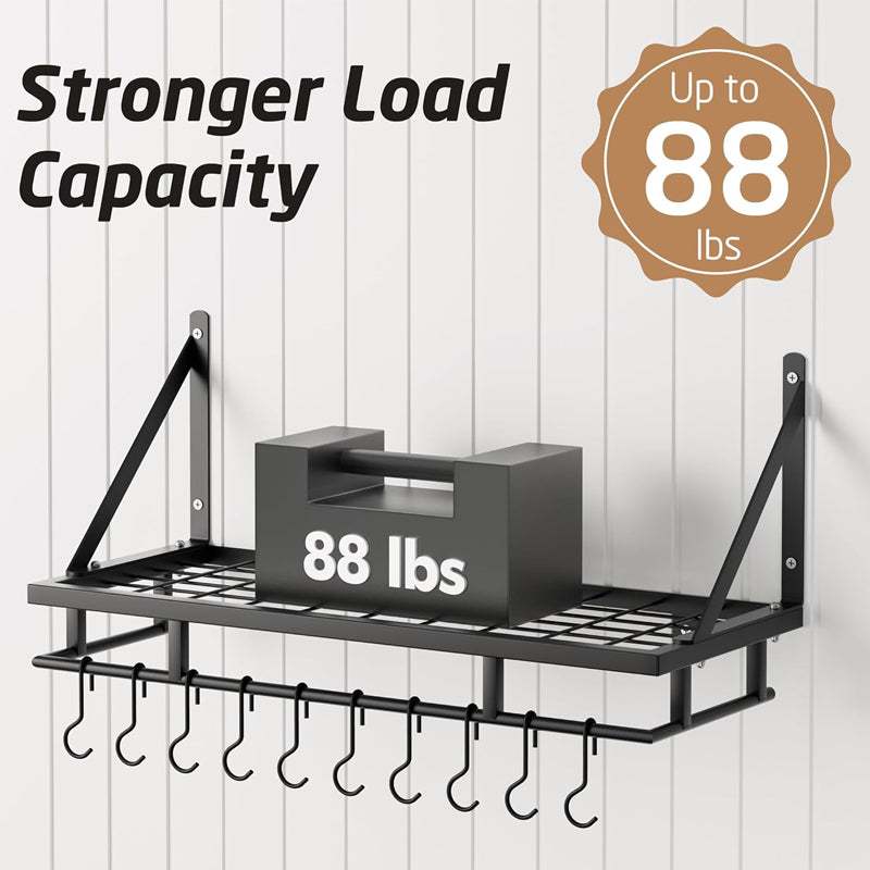 24 Inch Kitchen Pot Rack Wall Mounted Rust Resistant Hanging Rack With 10pcs Hooks